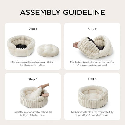 Bedsure ComfyFleece™ Small Cat Bed, Washable Round Cute Pet Beds for Indoor Cats, Super Soft Corduroy Kitten Bed with Anti-Slip Bottom, 20''x20''x8'', Cream