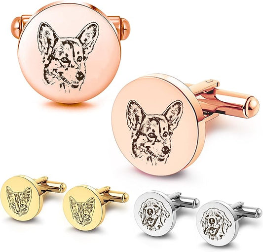 Anavia Pet Portrait & Handwriting Cufflinks Tie Clip Gift Box Set, Personalized Sketch Style Photo Engraving Men's Jewelry Accessories for Father Dad Brother Boyfriend Husband Wedding Birthday Gift