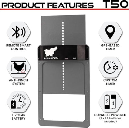 RUN-CHICKEN Door T50 – Automatic Chicken Coop Door Opener, Battery Powered & Weatherproof Aluminum, Smart App & Timer Control, Predator Proof, Easy Install, Reliable All-Season Performance (Gray)