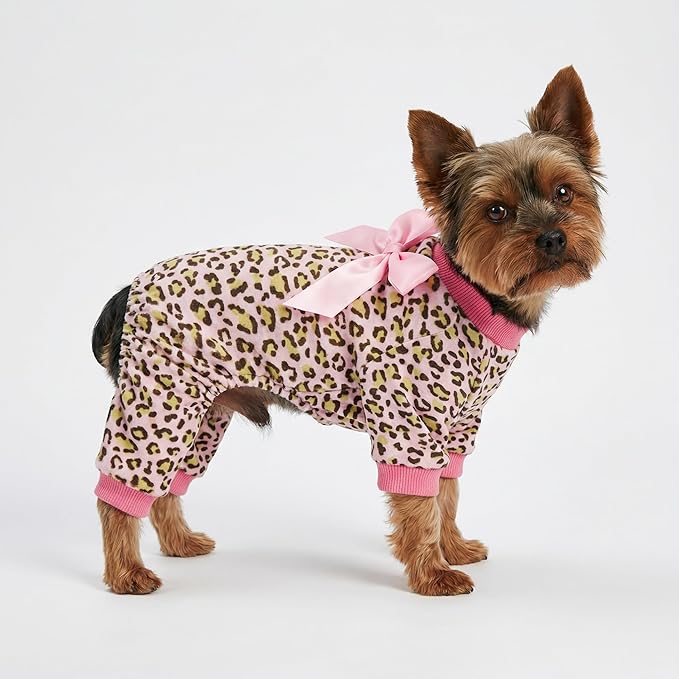 Fitwarm Leopard Dog Pajamas, Fleece Dog Clothes for Small Dogs Girl with Legs, Pet Onesie, Cat Outfit, Pink, XS