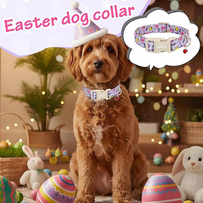 Easter Dog Collar for Small Dogs, Easter & Spring Theme Small Dog Collar with Cute Chick & Bunny Pattern, Adjustable Purple Easter Dog Collars Girl Boy Collar for Dogs -S