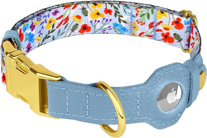 AirTag Dog Collar for Small Medium Large Breed - Adjustable Cute Pattern Dog Collar with Airtag Holder and Metal Buckle - Soft Leather Tracker GPS Apple Air Tag Pet Collars for Puppy Girl Boy Female