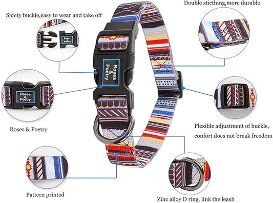 Roses&Poetry Dog Collar with Colourful Stripe Patterns, Adjustable Durable Puppy Collars for Small Medium Large Dogs (Stripe-L)