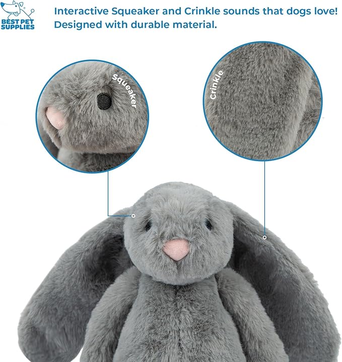 Best Pet Supplies Interactive Squeaky Dog Chew Toy, Ideal Dog Toys for Chewers, Small, Medium & Large Dogs, and Fetch Lovers - Bunny (Beige, Gray), Large