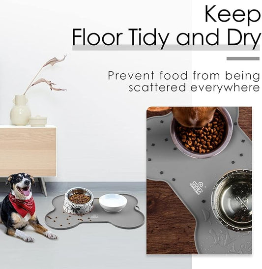 Super Design Dog Food Mat Dog Bowl Tray for Food and Water, Silicone Non-Spill Waterproof Pet Feeding Mat Puppy Placemat Easy-Clean, 20.5" x 14.5", Grey