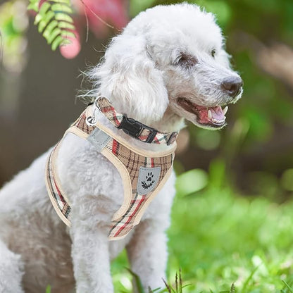 PUPTECK Adjustable Dog Harness Collar and Leash Set Step in No Pull Pet Harness for Small Medium Dogs Puppy and Cats Outdoor Walking Running, Soft Mesh Padded Reflective Vest Harnesses, Khaki S