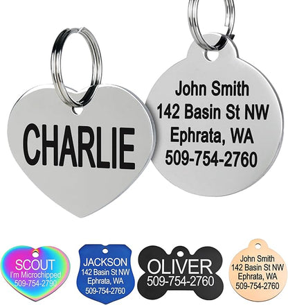 GoTags Stainless Steel Pet ID Tags, Personalized Dog Tags and Cat Tags, up to 8 Lines of Custom Text, Engraved on Both Sides, in Bone, Round, Heart, Bowtie and More (Heart, Small (Pack of 1))