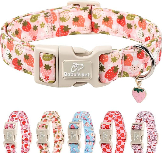 Strawberry Dog Collar for Small Dogs - Cute Spring Pink Dog Collars, Summer Pastel Puppy Collars, Soft Adjustable Boy Girl Dogs Collar with Quick-Release Buckle S