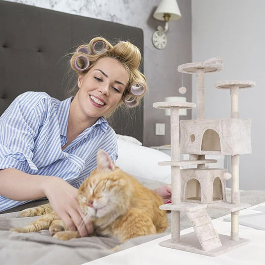 Heavy Duty Cat Tree Tower, 54" Tall Cat Tower for Indoor Cats with Cat Scratching Post with Bed, Cat Condo, Hanging Ball, Multi-Level Cat Climbing Tower Cat Trees Furniture Activity Center, Beige