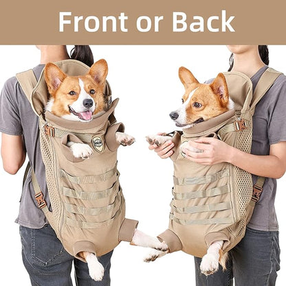 FLAdorepet Dog Carrier Tactical Backpack for Small Medium Dogs,Soft Hands-Free Legs Out Pet Front Cat Dog Carrier Backpack Travel Bag for Outdoor Traveling Hiking Camping (Large, Khaki)