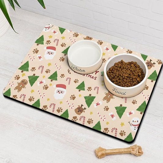 Christmas Dog Food & Water Mat, Paw Prints Santa Claus Snowman Xmas Pet Feeding Mat for Floor Non-Slip Waterproof, Super Absorbent Cat Bowl Mat, Easy to Clean Pet Placemat,24" × 32"