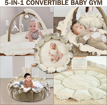 Little Dove 5-in-1 Convertible Baby Play Gym with 6 Toys, Tummy Time Mat for Sensory Development, Baby Activity Center for Newborn & Toddler, Ball Pit, Soft Pet Mat, No Ball Included Brown