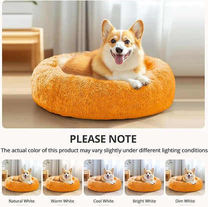 JOLLYVOGUE Calming Dog Bed for Small Dogs - 23 inches Donut Washable Small Dog Bed for Kittens & Puppies, Anti-Slip Round Fluffy Plush Faux Fur Cat Beds (Fits up to 25 lbs Pets, Orange)