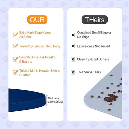 100% Waterproof 0.5" Raised Edge BPA Free Silicone Dog Food Mat, Pet Cat Feeding Mats Contain Spills Protects Floors, Placemats for Cats and Dogs Water Bowl Dishwasher. (Large/XL, Navy)