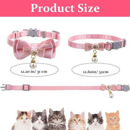 2 Pack Pink Cotton Cat Collars for Girl Cats, Cute Pearl Bow Kitten Collar Breakaway Safety Buckle Cats Pet Collars Adjustable from 7.9 to 11.8 Inches