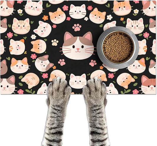 Cat Feeding Mat 24x16 inch Black Kitten Print Pet Bowl Placemat Non Slip Floor Mat for Food and Water Indoor Kitty Feeding Station Cute Meal Pad for Small Pets Kitchen Use