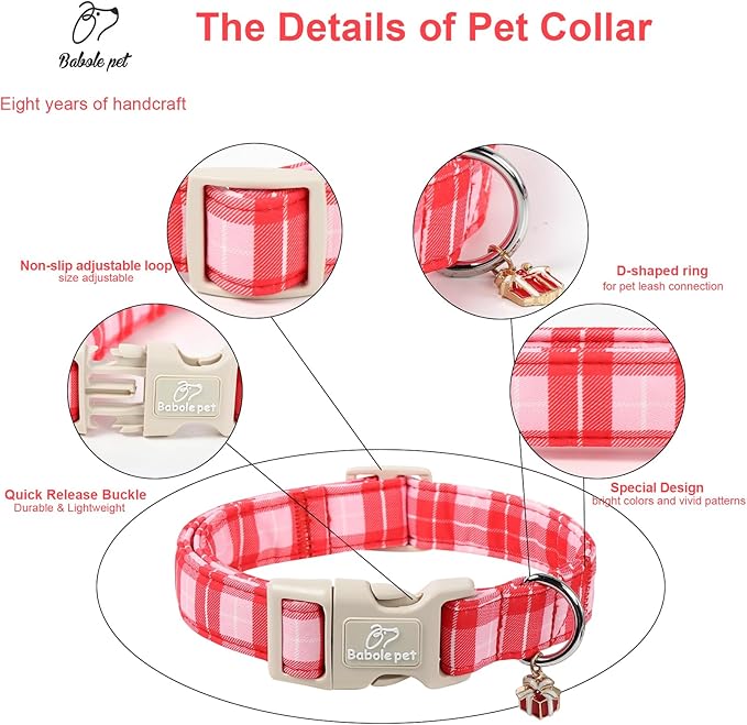 Plaid Dog Collar - Cute Red and Pink Plaid Puppy Collar with Safety Buckle, Soft Adjustable Holiday Dog Collars for Small Medium Large Dogs M