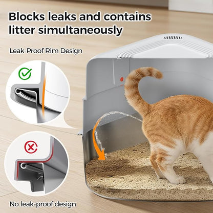 XL Stainless Steel Corner Cat Litter Box with Lid - Sturdy, No Odor & Space-Saving Hidden Design for Large Cats, White