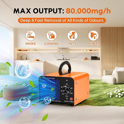 0zone Generator 80000mg - O3 Air Purifier for Home & Car, Ozone Machine Odor Removal for Smoke & Pet (Orange)