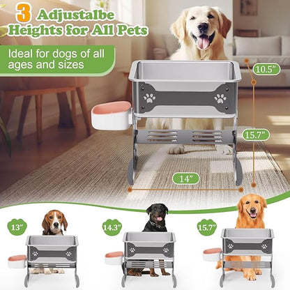 3 Gallon Elevated Large Dog Water Bowl, 3 Height Adjustable Stainless Steel Raised Dog Water Bowl Stand for Large Breed, Metal Pet Bowl Stand for Relief Joint Pressure, Easy Clean (Gray)