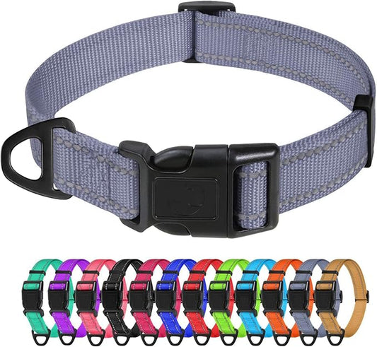 TagME Reflective Nylon Dog Collars, Adjustable Classic Pet Collar with Quick Release Buckle for Large Dogs, Grey, 1.0" Width