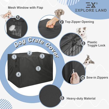 Explore Land Dog Crate Cover Heavy Duty Polyester Pet Kennel Sunshade Universal Fit for 38 inches Wire Cage (Black)