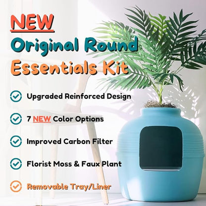Good Pet Stuff Hidden Litter Box Planter, Decorative Cat Litter Enclosure with Carbon Filter, Artificial Plant, Easy Clean, Removable Liner, Round Style, Essentials Kit, Coastal Blue