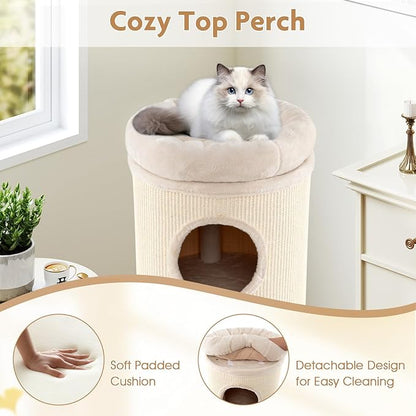 Tangkula 4 Story Cat Tree Condo, 49” Barrel-Shaped Cat House with Detachable Sisal Scratching Board, 3 Hideaways & Removable Soft Top Plush Bed, Interior Bamboo Mat, Modern Cat Tower for Indoor Cats