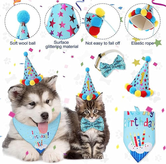 Dog Birthday Decorations,Puppy Birthday Party Outfits, Birthday Hat,Bow Tie,Bandana,Happy Birthday Banner,Pet Theme Suit Apparel & Accessories for Boy Golden Doodle Teddy Husky Labrador(4PCS Blue)