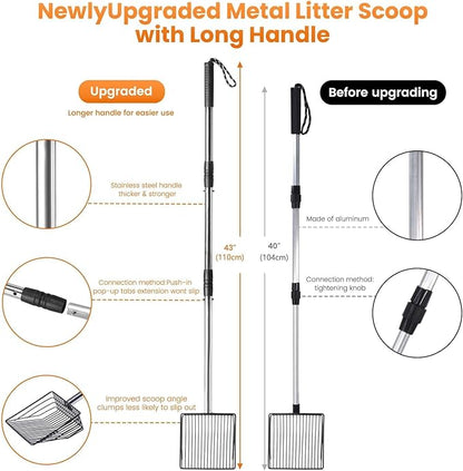 Metal Cat Litter Scoop with Holder, 43" Extendable Long Handle Cat Scooper for Litter Box, Solid & Durable, Deep Shovel for Fast Sifting, Large Pet Pooper Scooper for Kitty/Outside Dog Poop