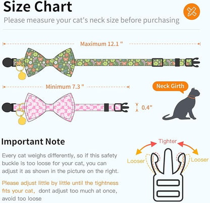 2 Pack Cotton Cat Collar with Bow Tie and Bell for Male Female Cats,Soft Fancy Breakaway Kitty Kitten Collar with Ghost& Pumpkin Patterned Design for Boy Girl Cats. (Butterfly&Flower)