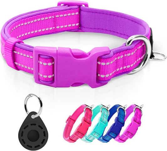 azuza Reflective Dog Collar with Airtag Holder, Soft Neoprene Padded Pet Collar with ID Tag Ring, Adjustable for Medium Dogs,Purple,M