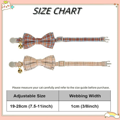 2 Pack Soft Cotton Cat Collars with Bowtie and Bell Breakaway Plaid Cat Kitten Collar(Beige and Amber)