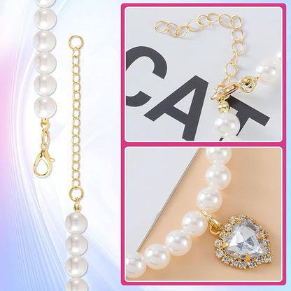 2pcs Cat Dog Pearl Collar, Small Heart Shape Rhinestone Pet Necklace, Adjustable Wedding Party Pet Jewelry Accessories for Puppy Small Cats- White & Pink