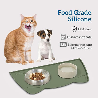 OHMO - Cat Food Mat, Silicone Pet Feeding Mat for Floor Non-Skid Waterproof Dog Water Bowl Tray, Easy to Clean Pet Placemat (Camo Green, 18 * 9.8'')