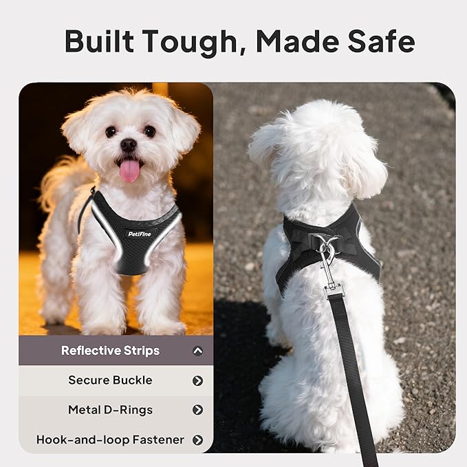 PetiFine Step in Small Dog Harness and Leash Set, Breathable All Weather Air Mesh Reflective Escape Proof, Step-in Vest Harnesses for Puppy(S, Black)