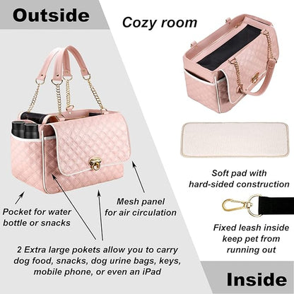Fashion Dog Purse Carrier for Small Dogs with 2 Super-Large Pockets, Holds Up to 10lbs PU Leather Pet, Cat Carrier, Airline Approved Puppy Purse for Travel (Pink, Small Size)