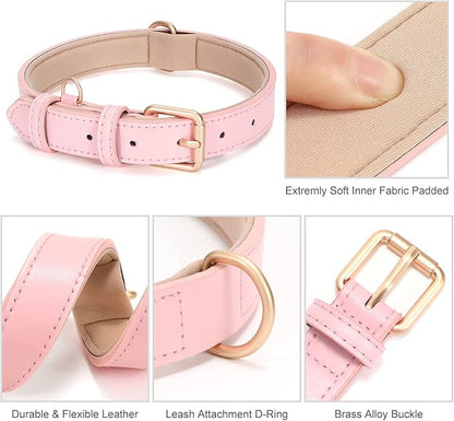 WHIPPY Leather Dog Collar for Small Dog Adjustable Soft Breathable Leather Padded Puppy Collar with Alloy Buckle Heavy Duty Waterproof Classic Dog Pet Collar,Pink,XS
