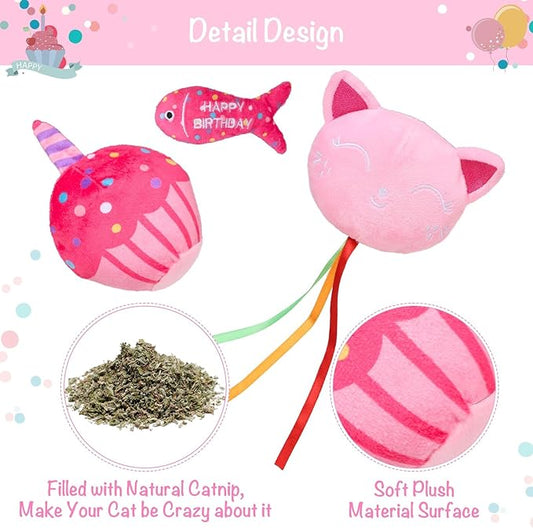 BINGPET Cat Birthday Catnip Toys for Indoor Cats, 5 Pcs Cat Birthday Gift Kitten Interactive Toys for Boy Girl Cats, Soft Plush Catmint Kitty Chew Kick Toy, Hat, Bandana, Balloon, Cake, Fish, Pink