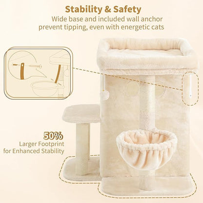Heybly Cat Tree, 25.6-inch Cat Tower with Spacious Top Perch for Large Cats, Stair-Style Cat House Furniture with Dual-Layer Condos, Sisal Scratching Posts, Cozy Basket & Pompom, Beige HCT204SM