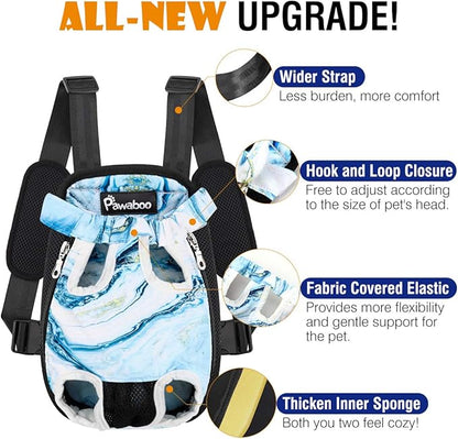 Pawaboo Adjustable Carrier Backpack for Dog Cat, Pet Front Dog Carrier Purses Cat Travel Bag, Legs Out, Easy-Fit for Traveling Hiking for Small Dogs Cats Puppies, M, Blue Marble