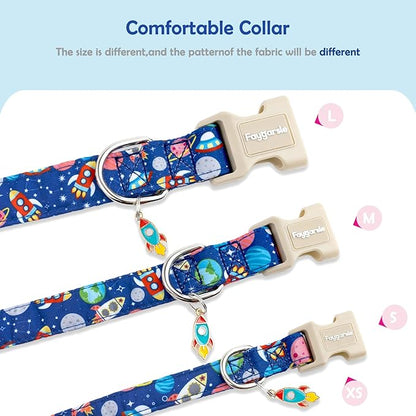 Faygarsle Space Theme Dog Collar, Navy Blue with Rockets and Planets Pattern for Summer Small Medium Large Dogs XS