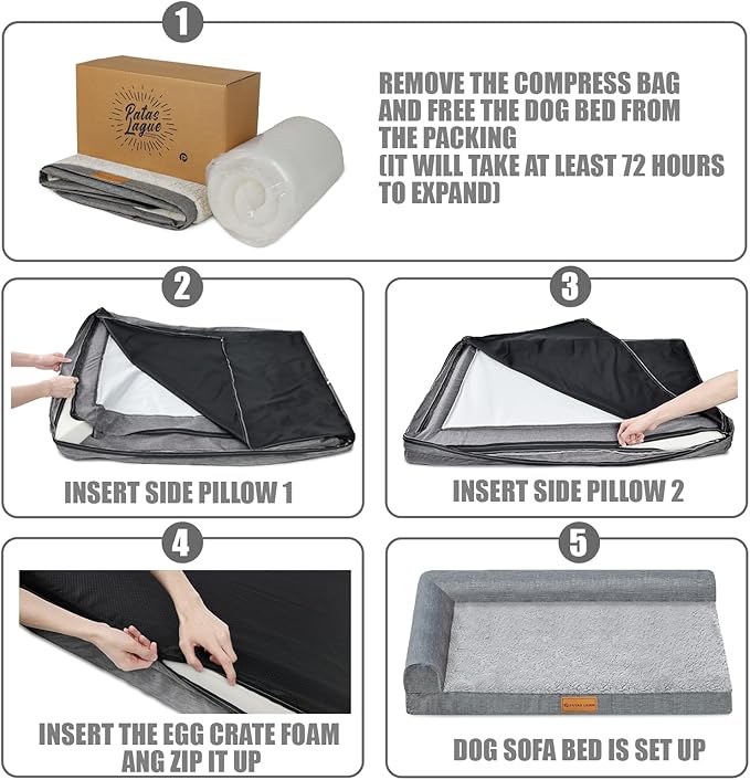 Patas Lague Orthopedic Jumbo Dog Bed for Extra Large Dogs 56''X40'', Waterproof L Bolster Pet Sofa Beds with Removable Washable Cover, Soft Comfortable Pet Couch Crate Mat with Nonskid Bottom, Grey