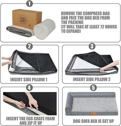 Patas Lague Orthopedic XL Dog Bed Large Sized Dog 48''X30'', Waterproof L Bolster Big Large Pet Sofa Beds with Removable Washable Cover, Soft Comfortable Pet Couch Crate Mat with Nonskid Bottom, Brown