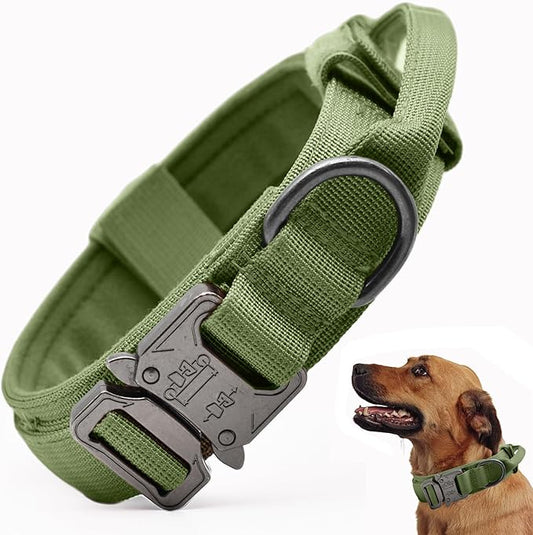 Tactical Dog Collar, Adjustable Military Training Nylon Dog Collar with Control Handle and Heavy Quick-Release Metal Buckle for Small Medium Large Dogs, Green S