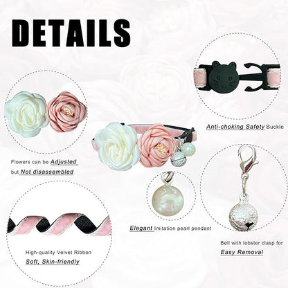 Fupo Pink Cat Collars for Girl Cats - Fancy Cat Collar Breakaway with Flowers Adjustable from 7.5" to 11.8" for Girl Kitten Puppy Small Cats Dogs (Pink)