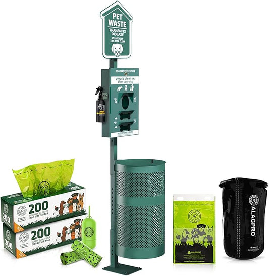 ALAGPRO® Pet Waste Station Outdoor Dog Waste Station with Hand Sanitizer Bottle, Commercial Dog Poop Station with Free 400 Roll, 200 Pull Waste Bags & 50 Can Liners for Backyard, Park & HOA's