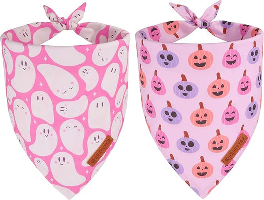 ADOGGYGO Pink Halloween Dog Bandanas 2 Pack, Reversible Ghost Pumpkin Scarf Bib, Adjustable Fit Pink Halloween Bandana for Small Dogs Girl (Small)
