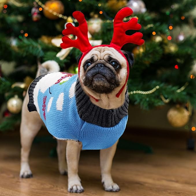 Pet Christmas Dog Sweaters Cute Animal Snowman Printed Puppy Xmas Costumes Winter Warm Turtleneck Jumpers Puppy Knitted Clothes Cat Outfits (S, Blue Snowman)
