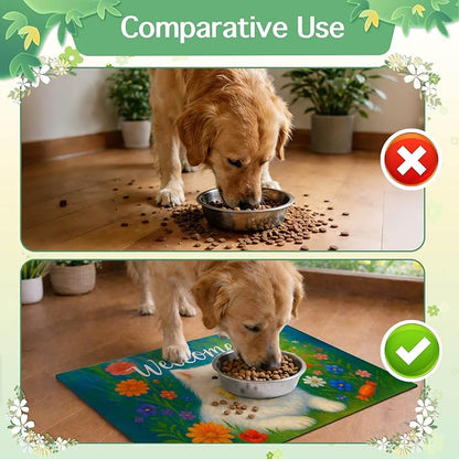 Welcome Spring Pet Feeding Mat 24" x 16"White Dog Floral Design Non Slip Cat and Dog Bowl Mat Easy Clean Pet Mats for Food and Water Fast Dry Pet Food Mat Absorbable Pet Feeding Pad